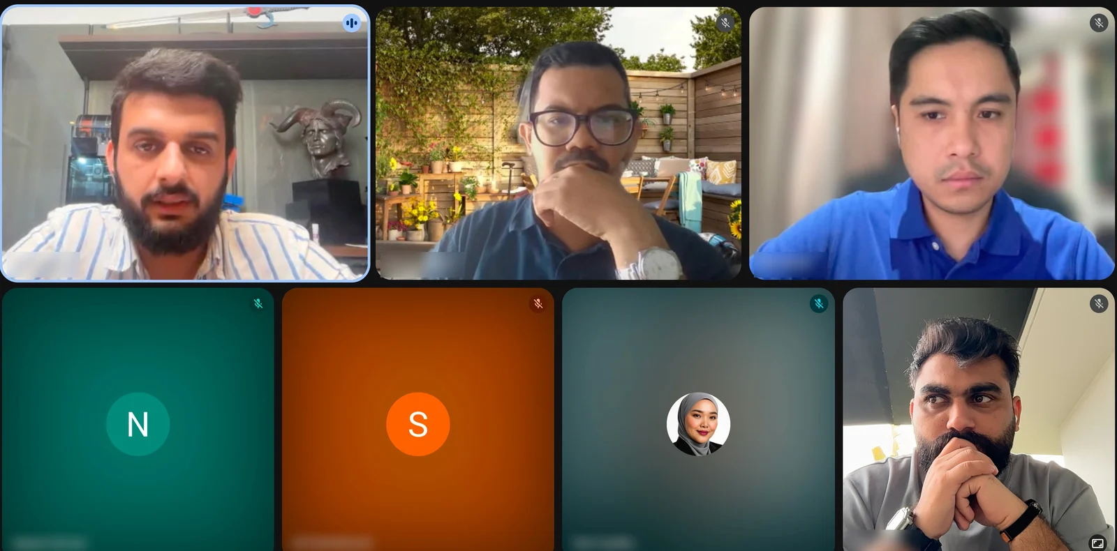 A video call grid showing members of the Watson and Poliklinik Amalmedik teams in a working session on the engagement, with the participant name labels blurred.