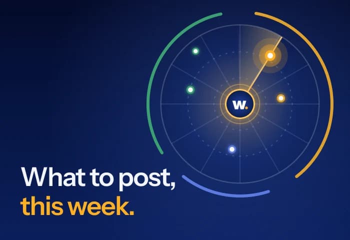 The Watson Signal radar: three coloured arcs around the Watson mark, a sweep catching one amber signal, with the words What to post, this week.
