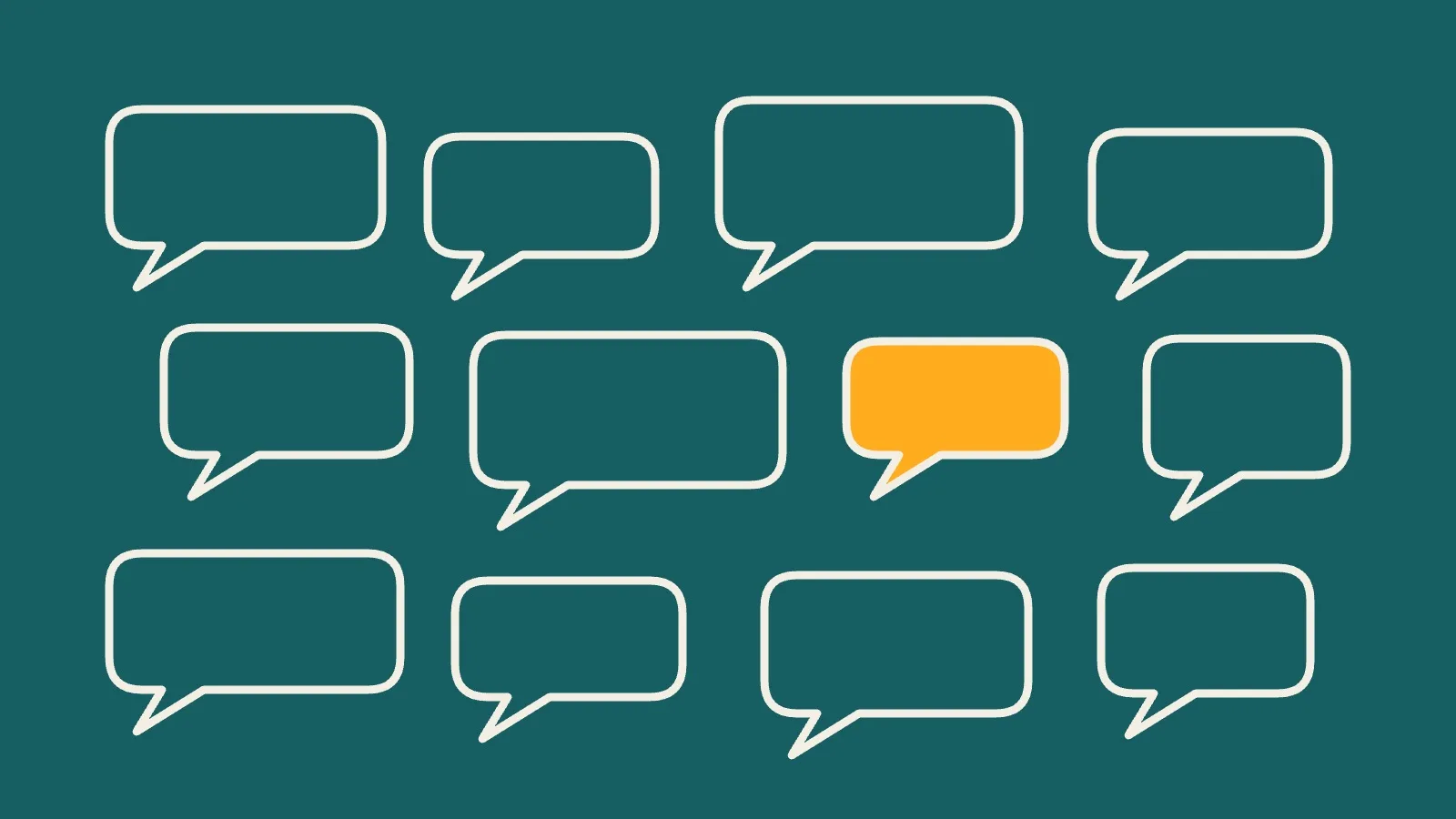 Twelve outlined speech bubbles on a teal background, one of them filled in orange.