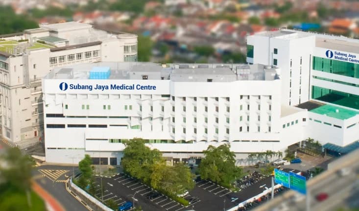 Subang Jaya Medical Centre from the air, the hospital's name across the front of the main building.